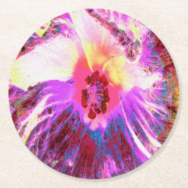 Psykedelisk Trippy Rainbow Färg Hibiscus Flower Underlägg Papper Rund