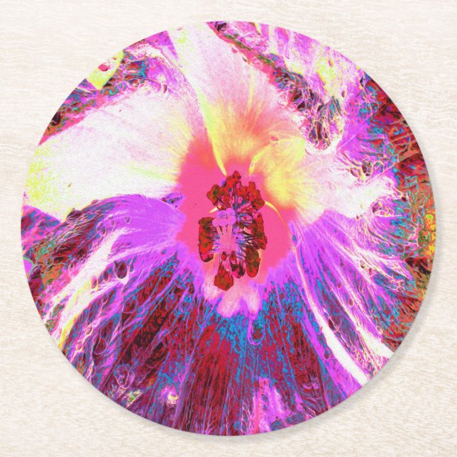 Psykedelisk Trippy Rainbow Färg Hibiscus Flower Underlägg Papper Rund (Framsidan)