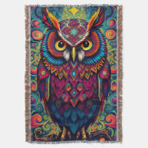 🌈 Psykedelisk Ugglas Trygghet – Boho Djur Kast Ko