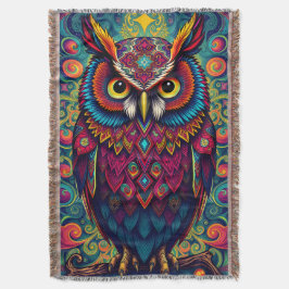 🌈 Psykedelisk Ugglas Trygghet – Boho Djur Kast Ko Filt