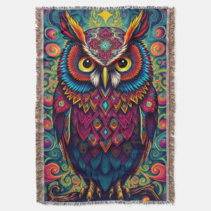 🌈 Psykedelisk Ugglas Trygghet – Boho Djur Kast Ko Filt