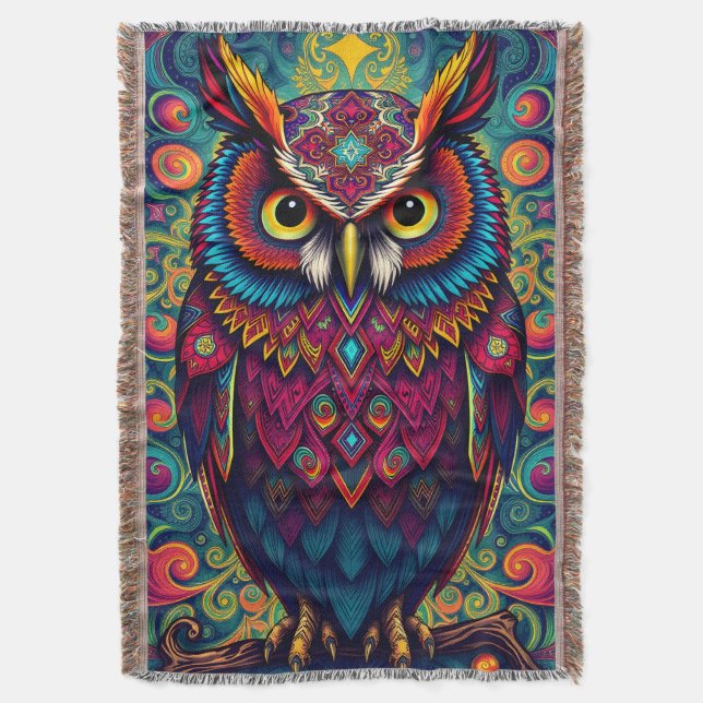 🌈 Psykedelisk Ugglas Trygghet – Boho Djur Kast Ko Filt (Framsidan Vertikal)