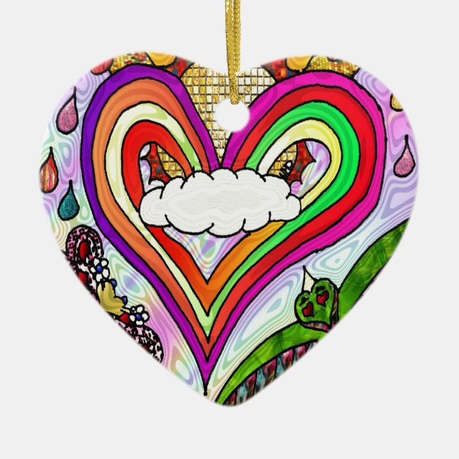 Psykedelisk utskrift av Rainbow Heart Art Julgransprydnad Keramik (Framsidan)