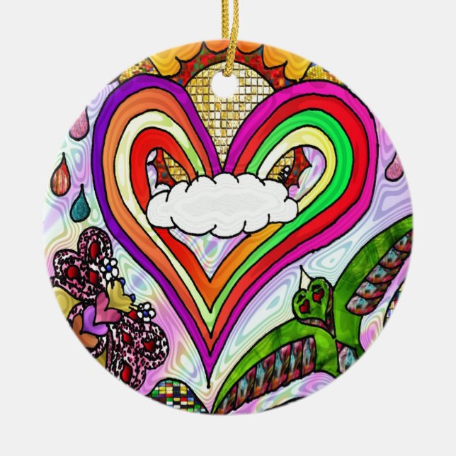 Psykedelisk utskrift av Rainbow Heart Art Julgransprydnad Keramik (Framsidan)