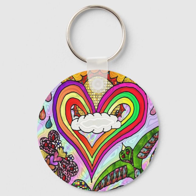 Psykedelisk utskrift av Rainbow Heart Art Nyckelring (Framsida)
