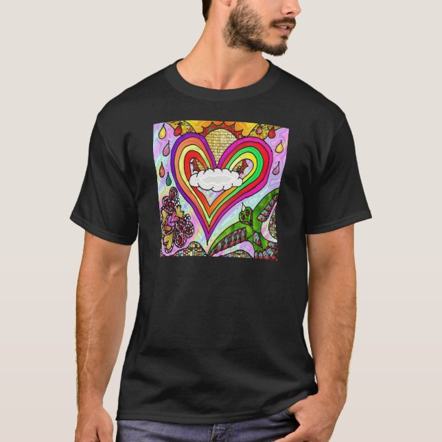Psykedelisk utskrift av Rainbow Heart Art Tee Shirt (Framsida)