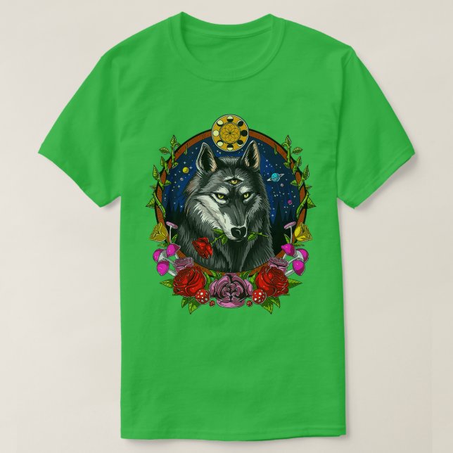 Psykedelisk Varg Forest Animal Måne Phases Fantasy T Shirt (Design framsida)