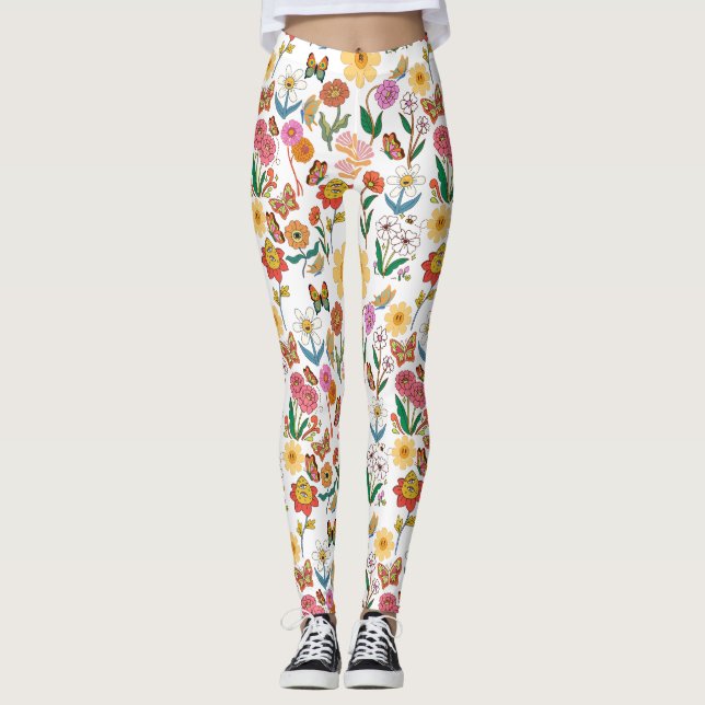 Psykedeliska blommor Mönster x4 Leggings (Framsida)