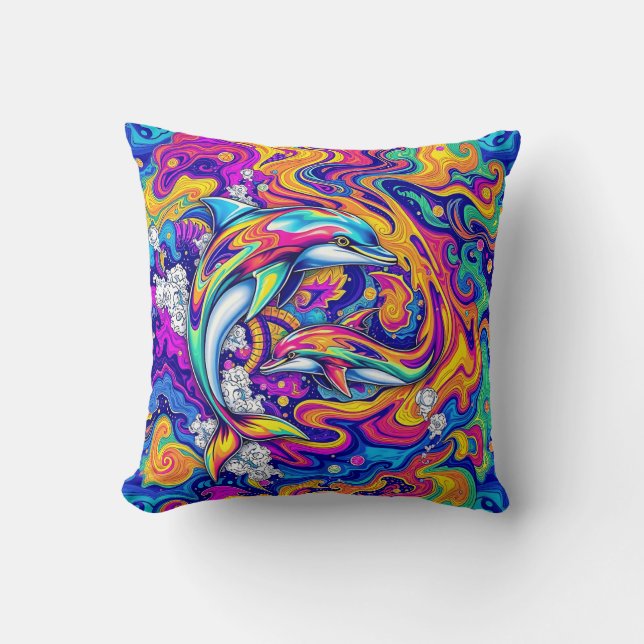 Psykedeliska delfiner i vivid Ocean Swirls Kudde (Framsida)