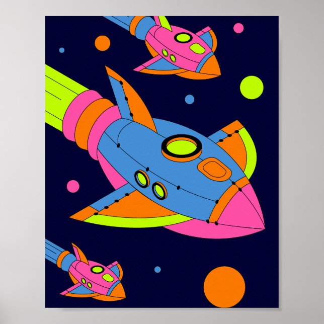 Psykedeliska Retro Rockets i rymden Poster (Framsidan)
