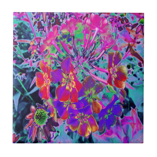 Psykedeliskt färgämne Röd och Lila blommor Kakelplatta (Framsidan)