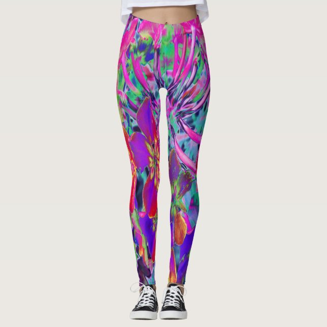 Psykedeliskt färgämne Röd och Lila blommor Leggings (Framsida)