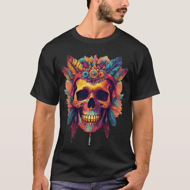 Psykedeliskt fjäderfärdigt Skull T-Shirt (Framsida)