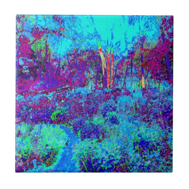 Psykedeliskt, intsionistiskt, blått trädgårdslands kakelplatta (Framsidan)