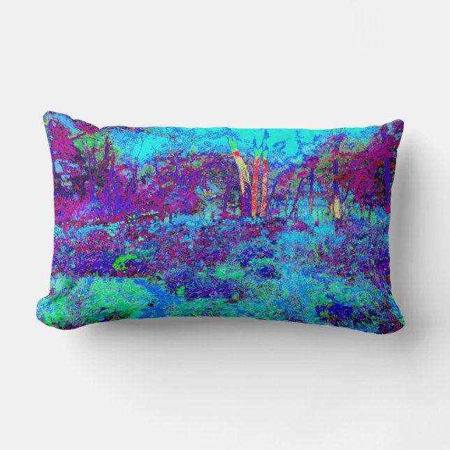 Psykedeliskt, intsionistiskt, blått trädgårdslands lumbarkudde (Framsida)