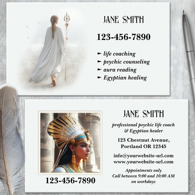 Psykisk egyptisk healing-livcoach visitkort (Business card featuring a mystical lady walking in a dreamy world - psychic - Egyptian healing)