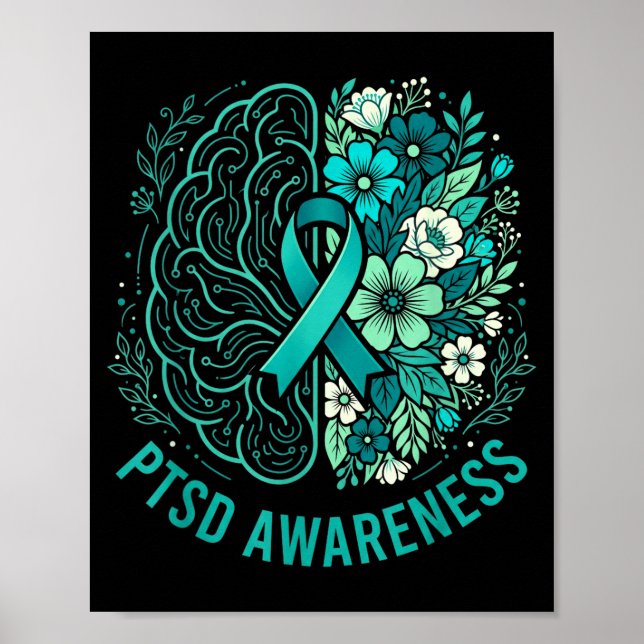 Psykisk hälsa ptsd medvetenhet hjärna och blommand poster (Framsidan)