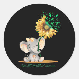 Psykisk hälsomedvetenhet Cute Elephant Solros Gr Runt Klistermärke