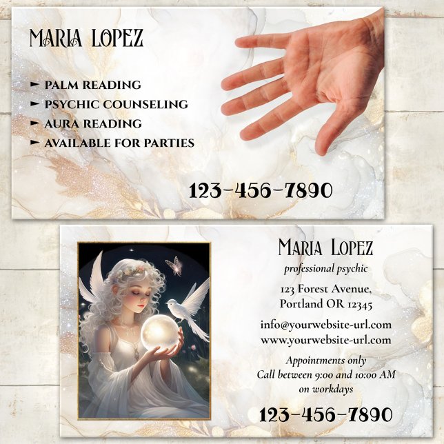 Psykisk handflata eller Aura-läsare Foto Visitkort (Business card featuring a dreamy ivory artistic design with a hand palm - palm reader - psychic)
