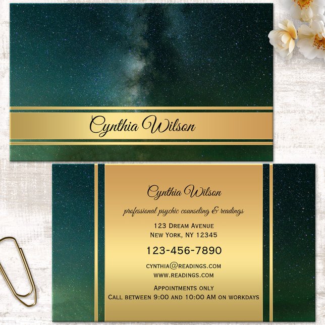 Psykiskt eller Clairvoyant Galaxy Guld Affärskort Tidsbeställning Kort (Professional spiritual medium clairvoyant or fortune teller gold celestial business card - new age)