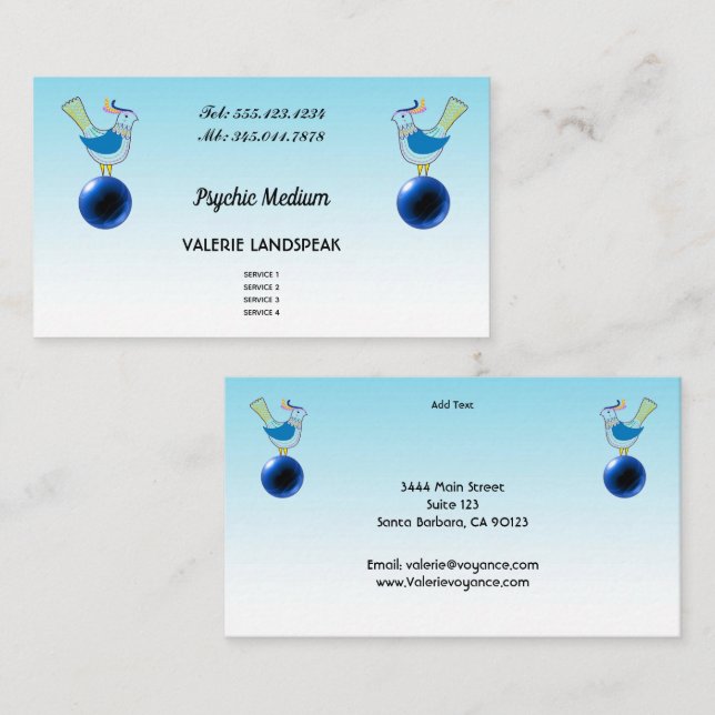 Psykiskt medium, blå kristallboll & söta fåglar visitkort (Fram/baksida)