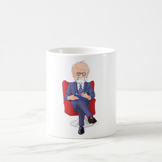 Psykolog i Kostym med Anteckningsblocket Sitta Kaffemugg (Skapare uppladdad)