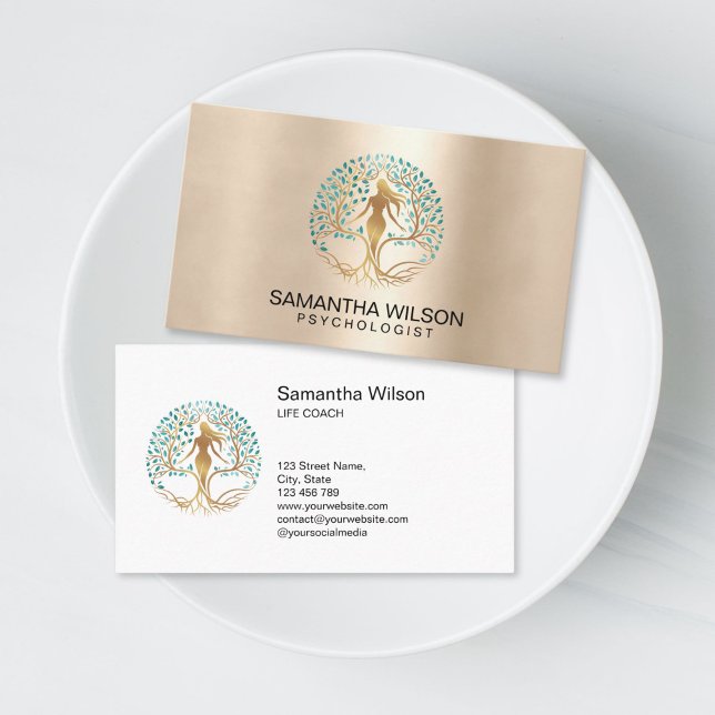 Psykolog Terapeut Livcoach Livets Träd Visitkort (woman silhouette in the tree of life, life coach and personal growth business cards)