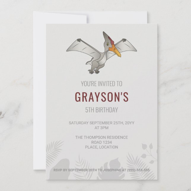 Pteranodon Dinosaur Minimalist Grå Födelsedag Inbjudningar (Framsida)