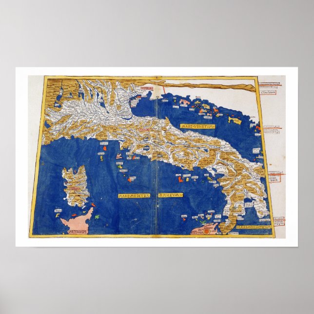 Ptolemaic Karta of Italien, 1482 (färgad litho) Poster (Framsidan)