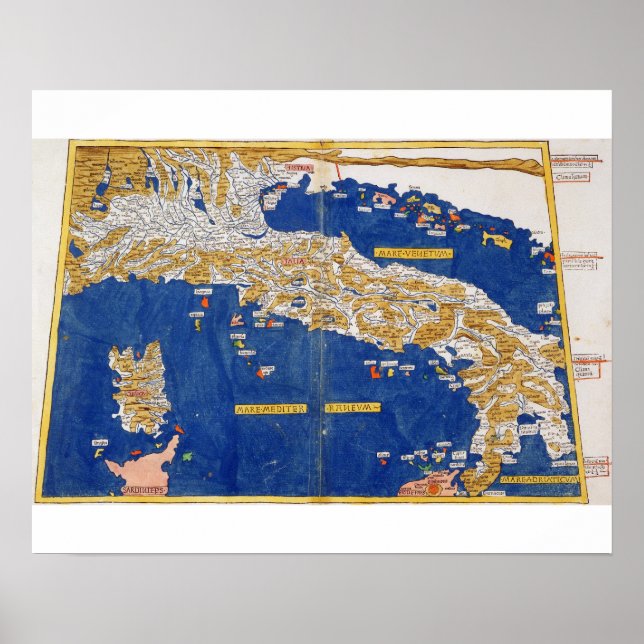 Ptolemaic Karta of Italien, 1482 (färgad litho) Poster (Framsidan)