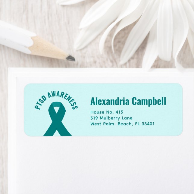PTSD Awareness Teal Ribbon Returadress Etikett (Insitu)