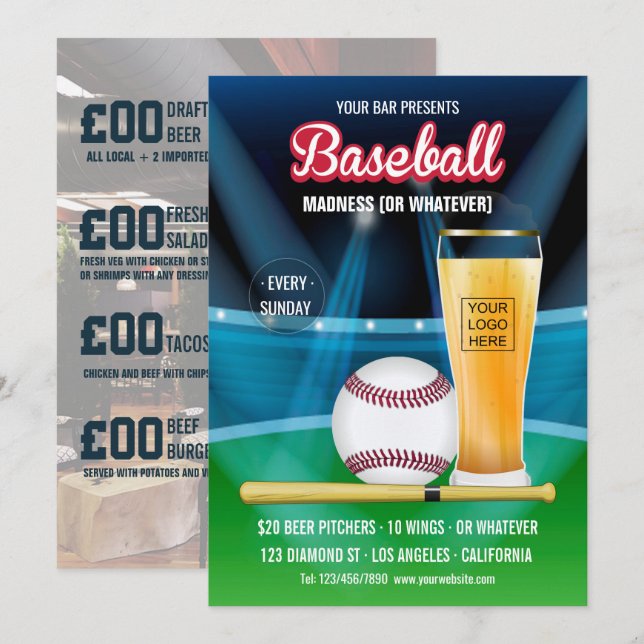 Pub Baseball-evenemanget Promo Menu lägg till bild Inbjudningar (Fram/baksida)