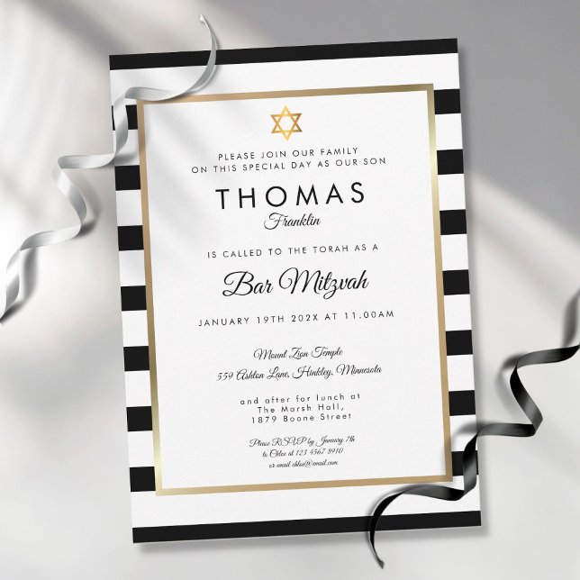 Pub, Bat mitzvah Classic Black White Rand Guld Inbjudningar (Skapare uppladdad)