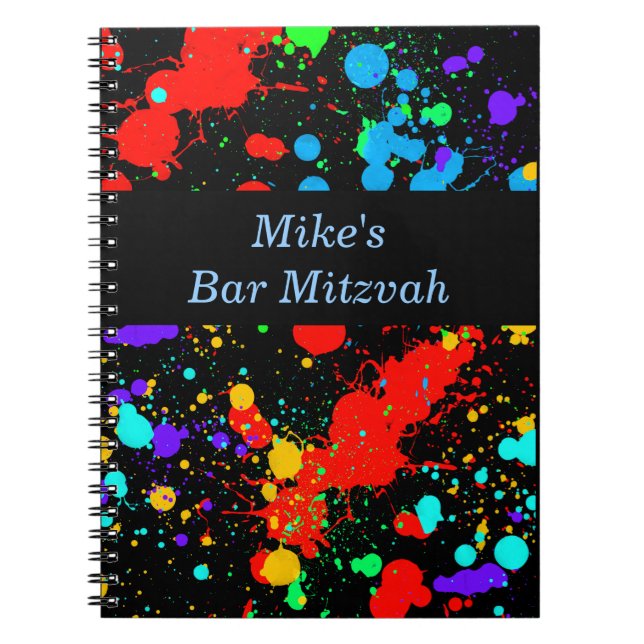 Pub, Bat mitzvah Neon Paint Splatter Guest Bok Anteckningsbok Med Spiral (Framsidan)