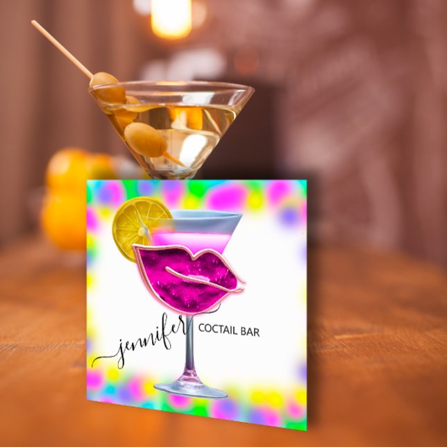 Pub Drinks Pub Restaurant Coctail Logotyp Rosa QRC Fyrkantigt Visitkort (Pub Drinks Bar Restaurant Coctail Logo Pink QRCODE Square Business Card)