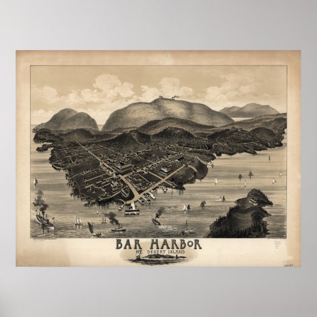 Pub Harbour Maine 1886 Antique Panoramic Karta Poster (Framsidan)