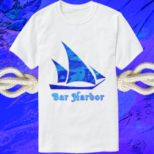 Pub Harbour Maine Blue Watercolor Sailboat T Shirt