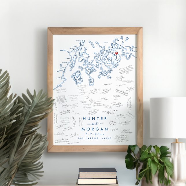Pub Harbour Maine Bröllop Modern Guest Bok Poster (Bar Harbor Maine Map Wedding Alternative Guest Book Poster in Modern Navy Blue )