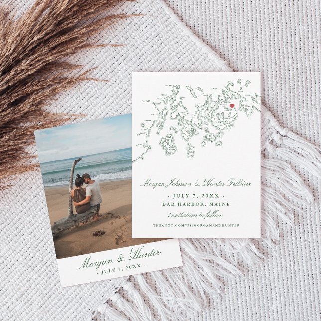 Pub Harbour Maine Karta Hunter Grönt Spara Datumet (Bar Harbor Maine Map Elegant Small Photo Save the Date in hunter green from Penobscot Bay Shop)