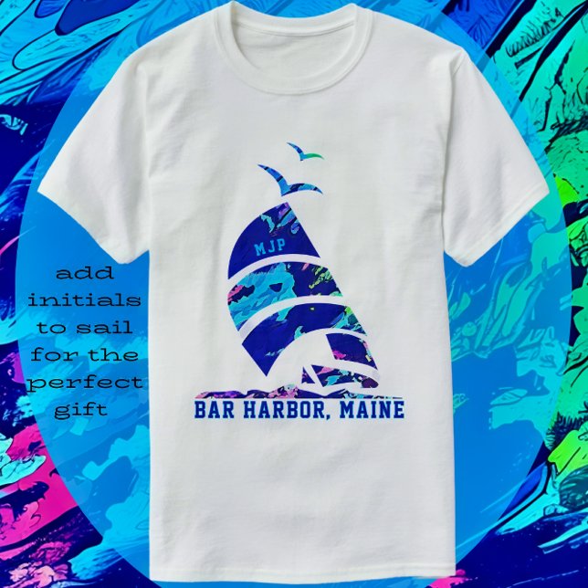 Pub Harbour Maine Sailboat Vacation T Shirt (Bar Harbor, Maine Vacation Souvenir. Add initials to sail.)