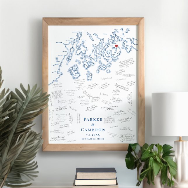 Pub Harbour ME Bröllop Elegant Guest Bok Poster (Bar Harbor Maine Map Wedding Alternative Guest Book Poster in Elegant Navy Blue from Coastal Map Des)
