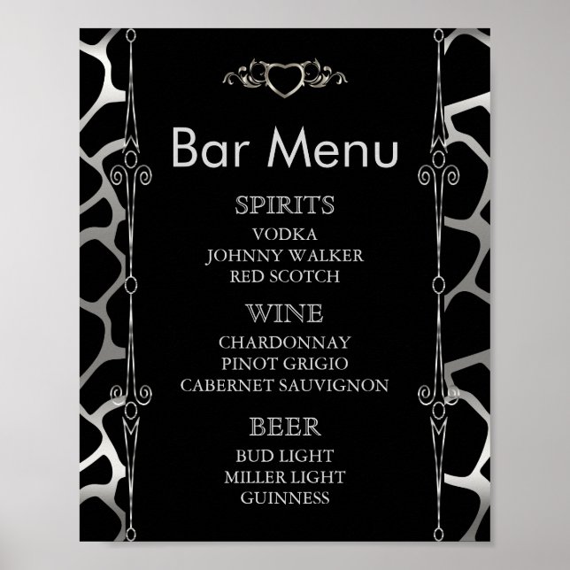 Pub Menu - Bröllop i Silver & Black Giraffe Poster (Framsidan)