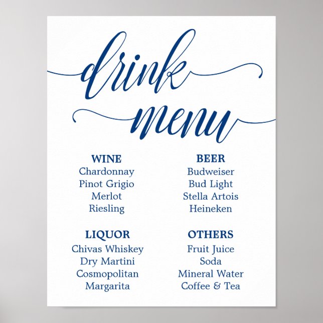 Pub Menu Bröllop signatärflottan Blue Calligraphy Poster (Framsidan)