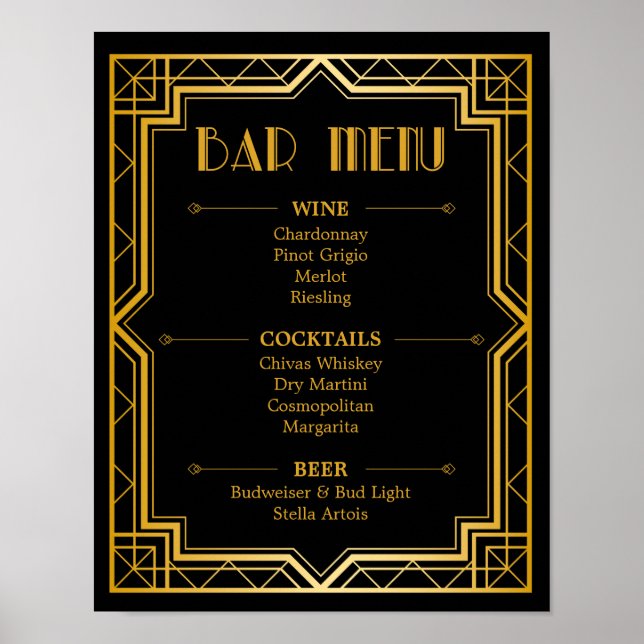 Pub Menu Bröllop-tecken | Gatsby Art Deco Poster (Framsidan)