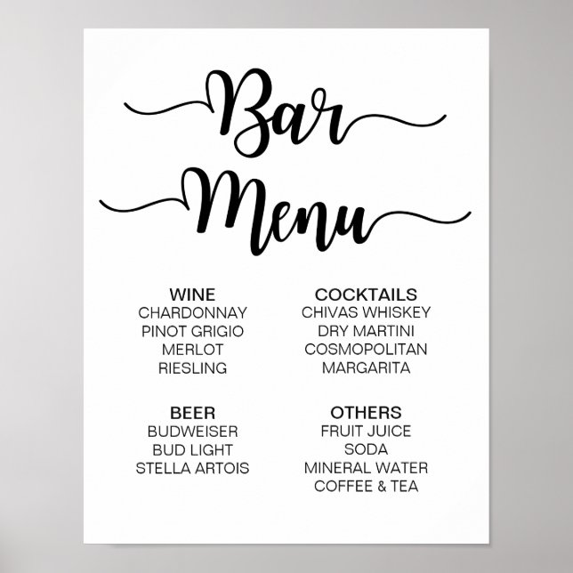Pub Menu Bröllop-tecken | Modern kalligrafi Poster (Framsidan)