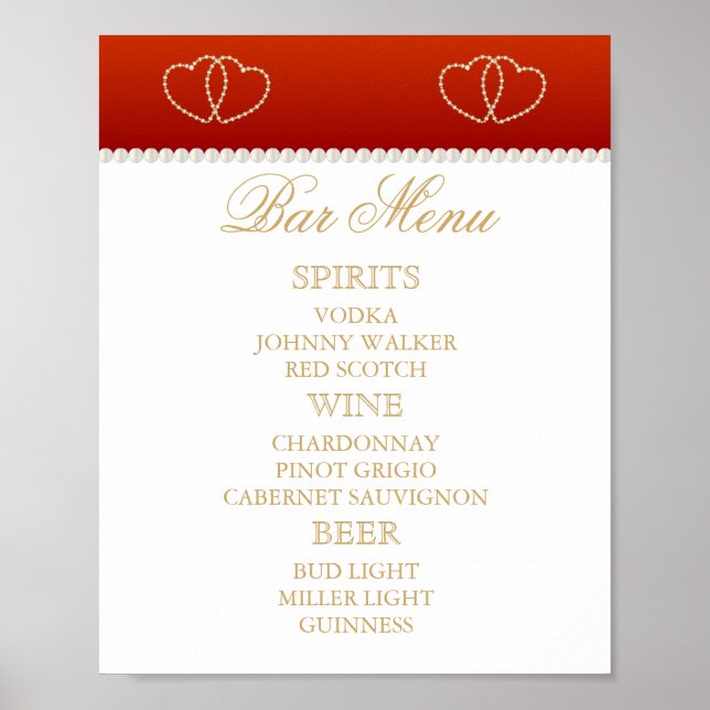 Pub Menu - Djuprött och vitt med Guld Hearts Poster (Framsidan)