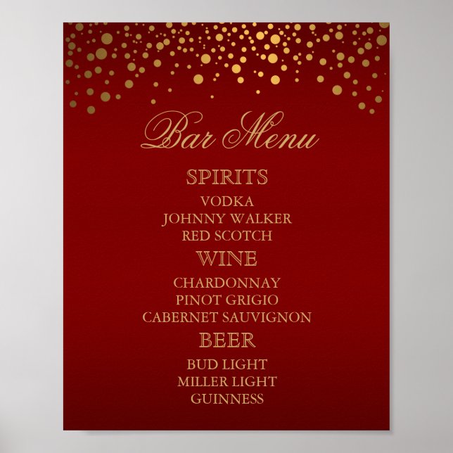 Pub Menu - Guld Konfetti Maroon Poster (Framsidan)