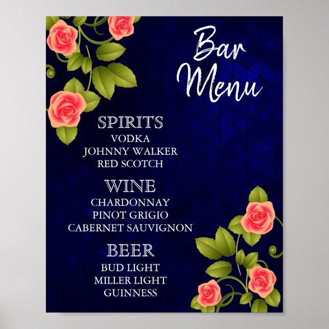 Pub Menu - Mörk blått och koral Ro Flower Poster (Framsidan)