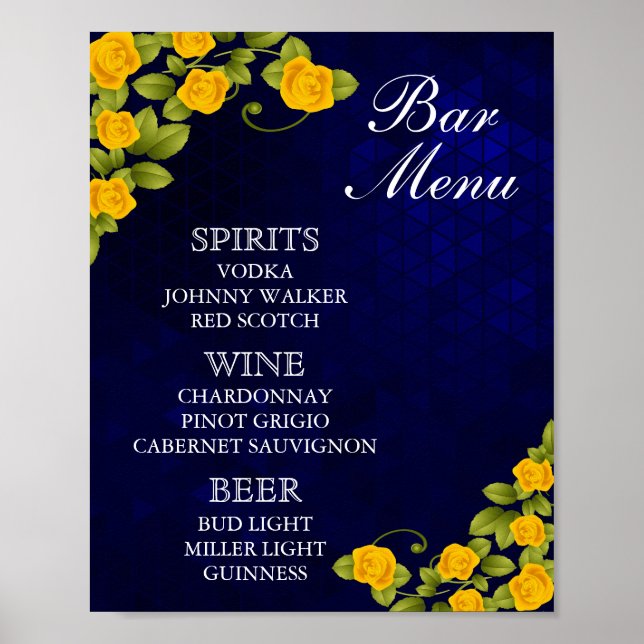 Pub Menu - Mörk blått och Marigold YellowFlower Poster (Framsidan)