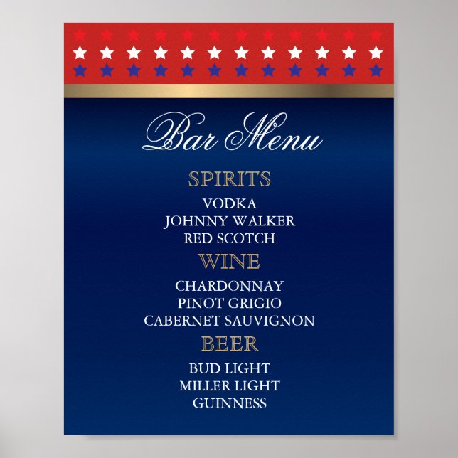 Pub Menu - Patriotic American Bröllop Poster (Framsidan)
